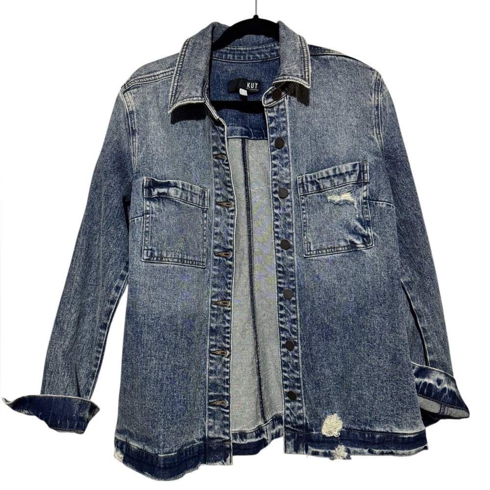 Kut From The Kloth NWT Denim Jean Joni Shirt Jacket Coat‎ Medium Distressed Worn